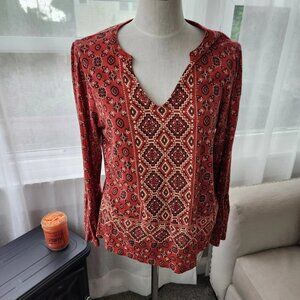 Lucky Brand womens size L rust burnt orange long bell sleeve bandana print top